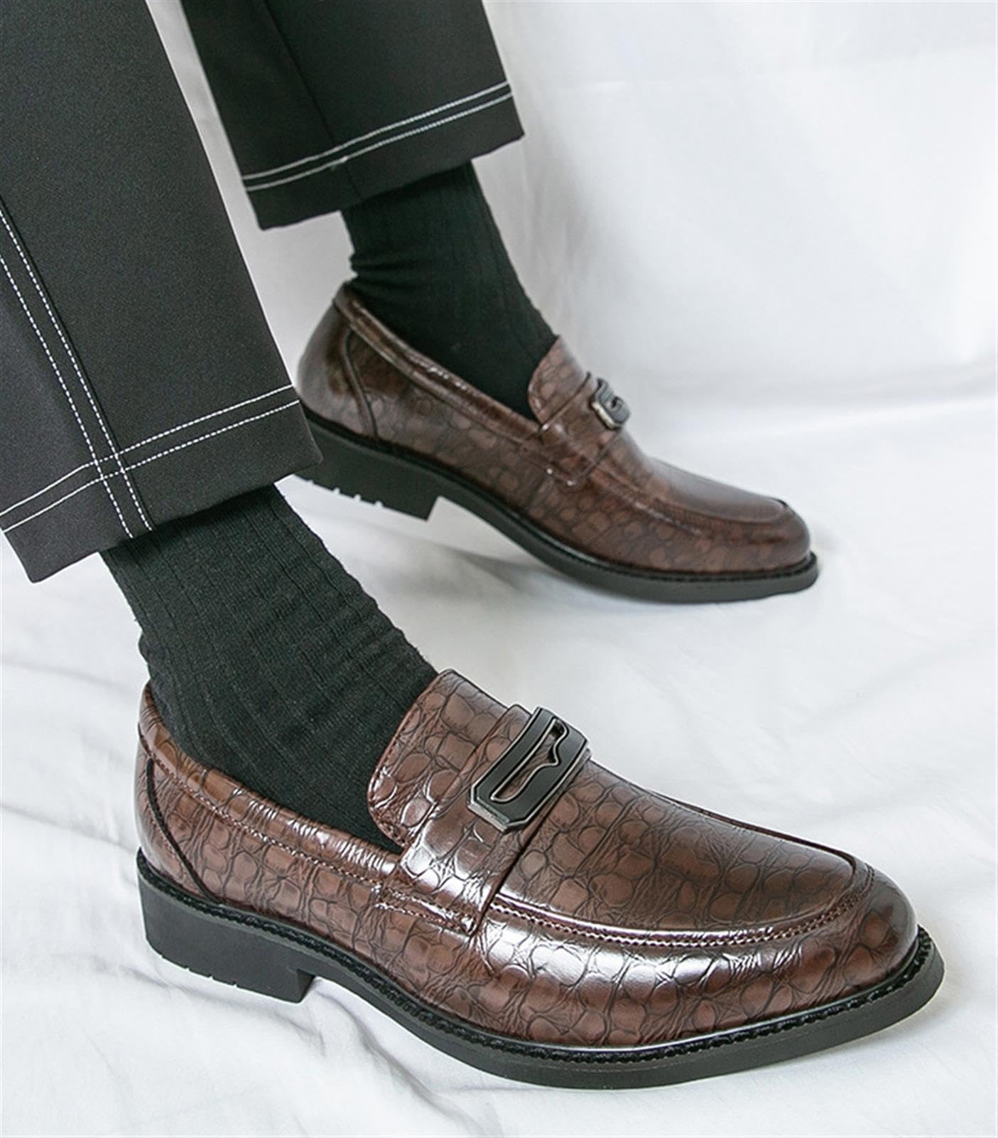 Mocasines Hombre Piel Patrón Cocodrilo, Zapatos de Vestir Casuales con Hebilla de Metal para Oficina Boda Fiesta Trabajo