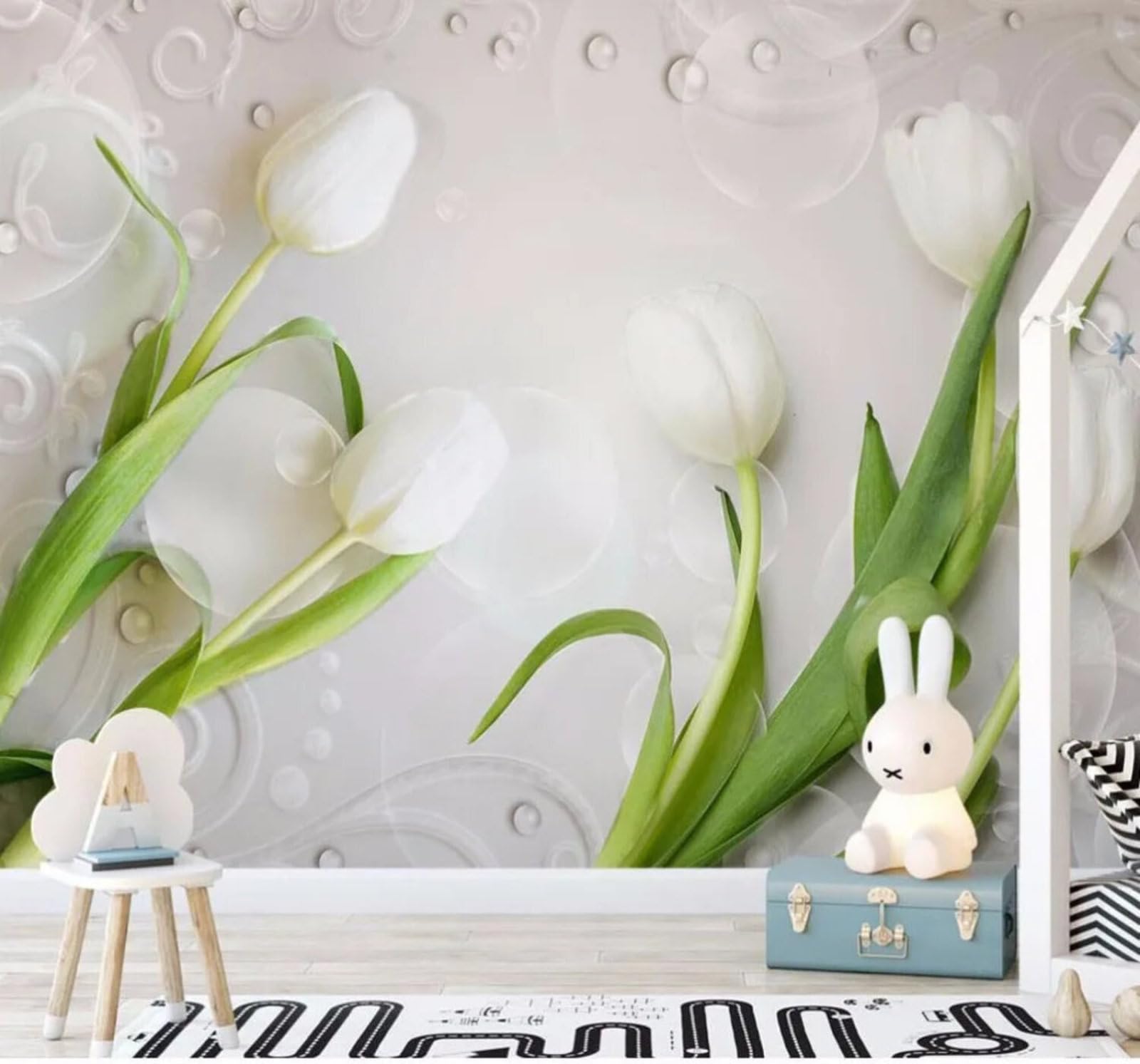 Fresh Three Dimensional White Tulip Water Droplets 3D Wallpaper Easy Install Feature Office Living Room Sofa Bedroom TV Background Wall Decoration-250cm×170cm