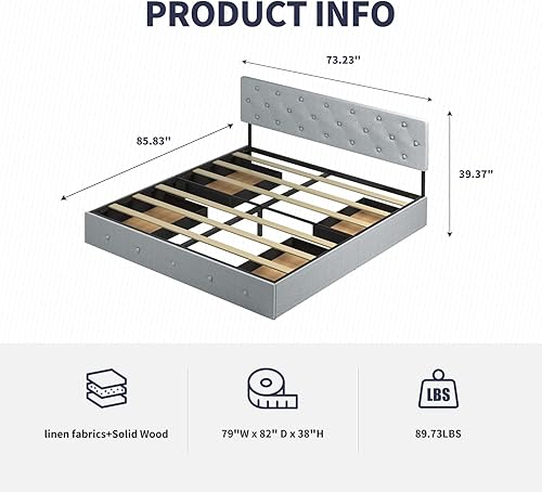 Miniatura 2 de Base de cama de plataforma California King con 4 cajones de almacenamiento, marco de cama Cal King con cabecera de tela, diseño capitoné de botón