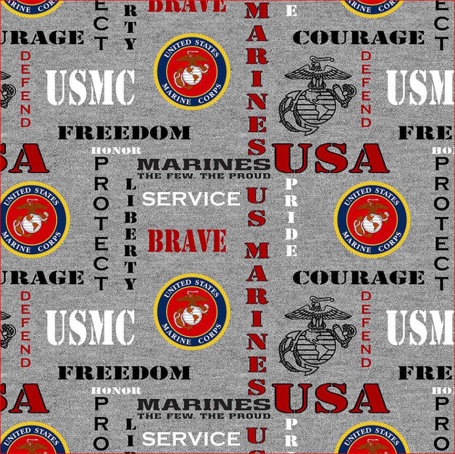 US Military Cotton Fabric with Heather Grey Ground and Logos-Sold by The Yard (Marines)
