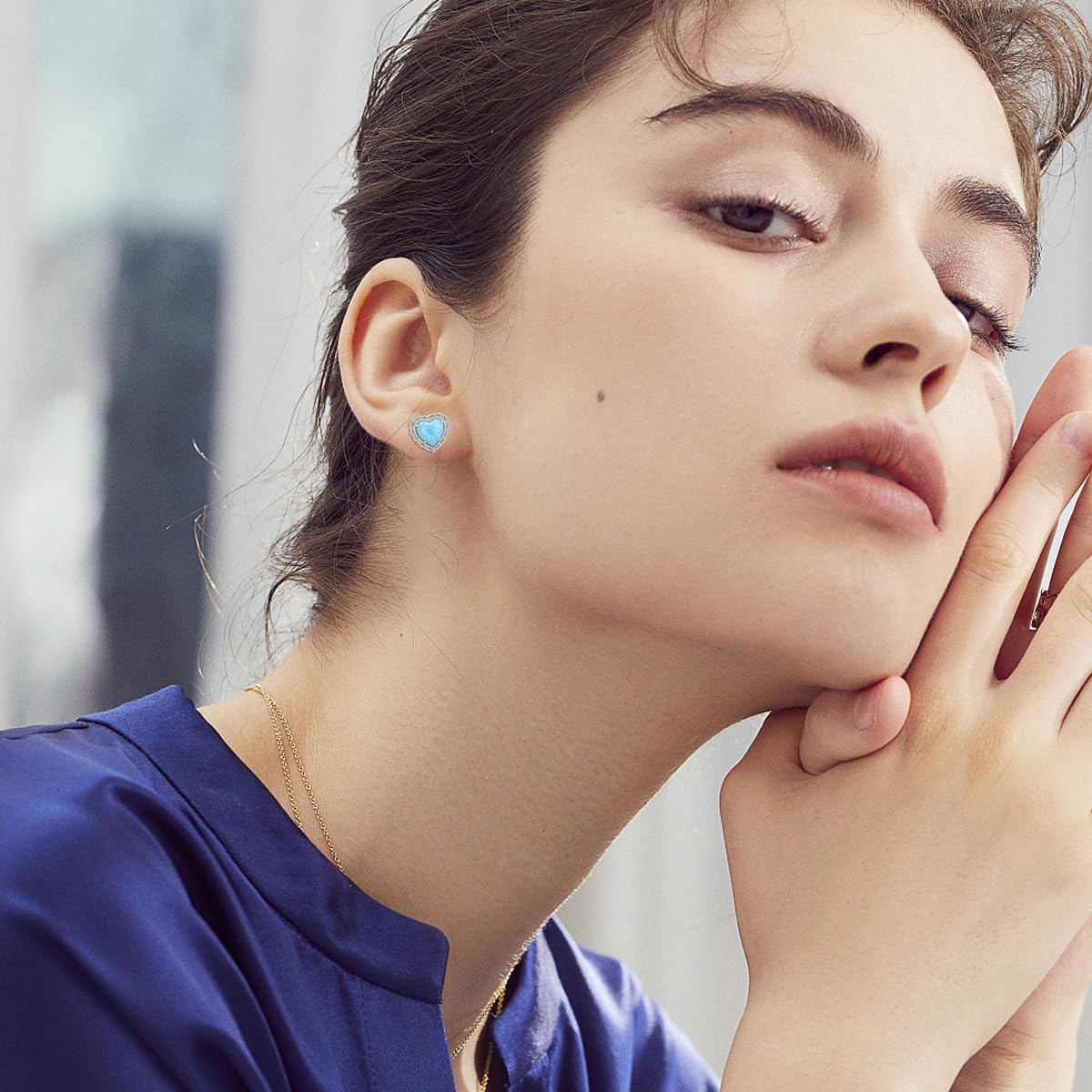 Natural Larimar Stud Earrings 925 Sterling Silver Heart Shaped Real Larimar Gemstones Earring Summer Beach Jewelry for Women - Image 4