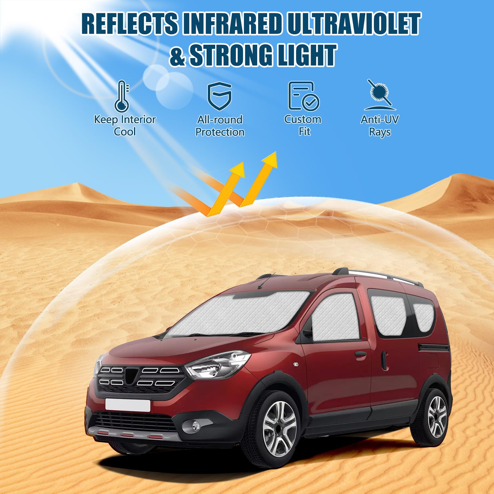 Parasol del Parabrisas Automóvil Reemplazo para Dacia Dokker 2015-2025, 9 Piezas Cabina del Conductor, Cubierta de Parasol Automóvil, Plegable Forro Negro | Cubierta para parabrisas de coche, protección integral, lámina de aluminio, parasol plegable, refl