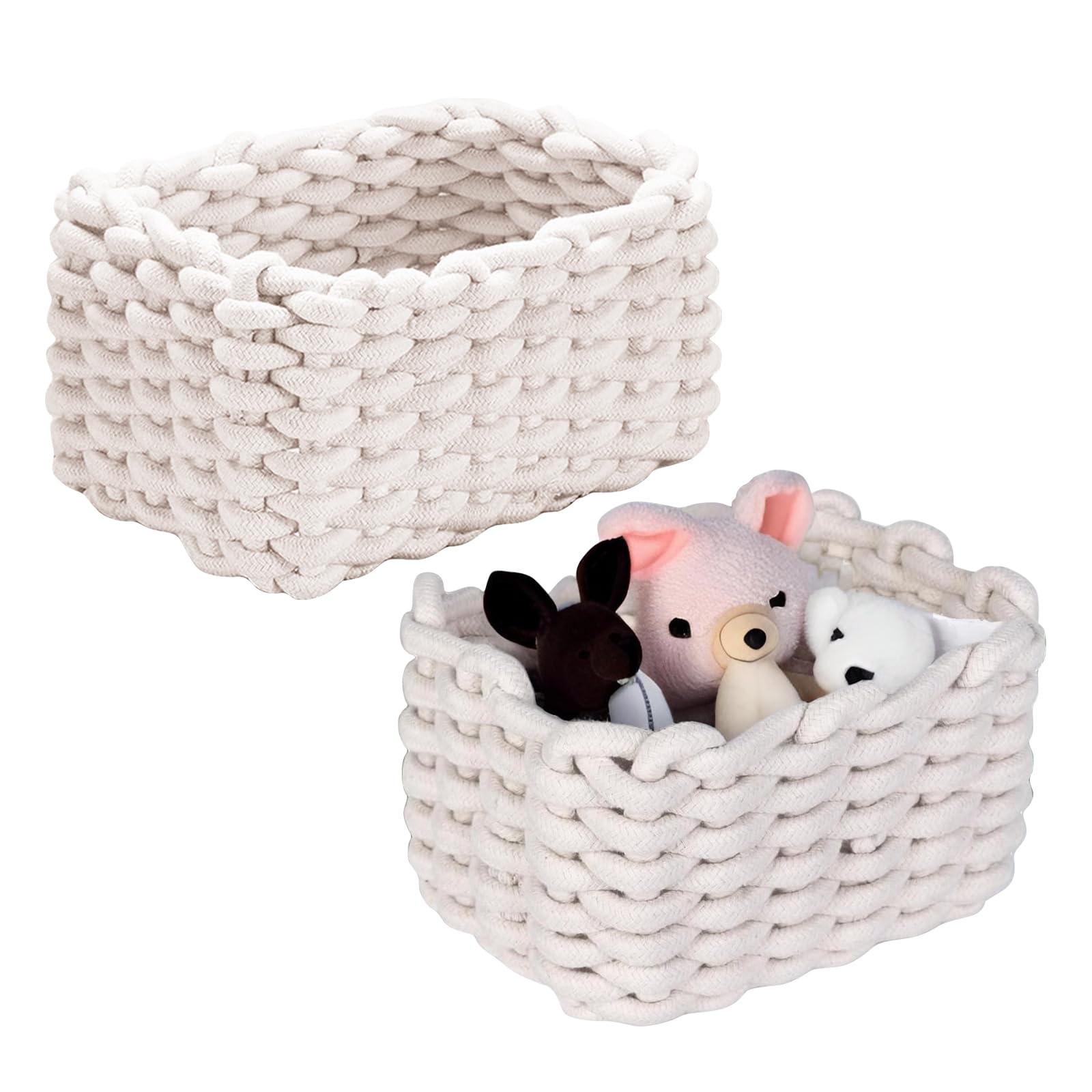 Aufbewahrungskorb Geflochten, 2 Stück Häkelkorb, 19 x 15 x 12 cm Aufbewahrungskorb Kinder, Waschbar und Faltbar Klein Organizer Korb, Weiß Körbe Geflochten für Babyzimmer Wohnzimmer Schlafzimmer