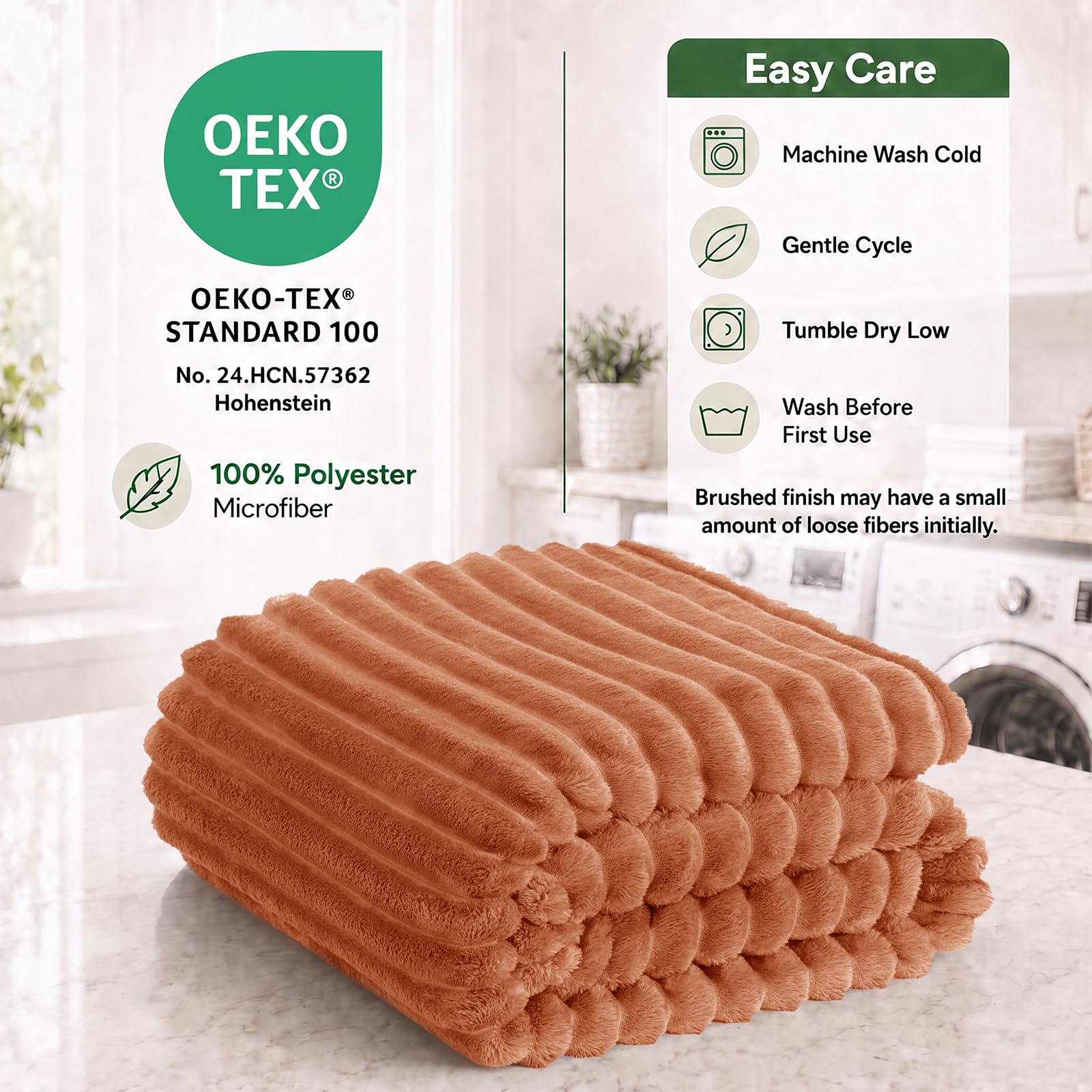 HIMEET Burnt Orange Full Blanket for Bed, 300GSM Ribbed Fleece, 84 x 90 in view 5