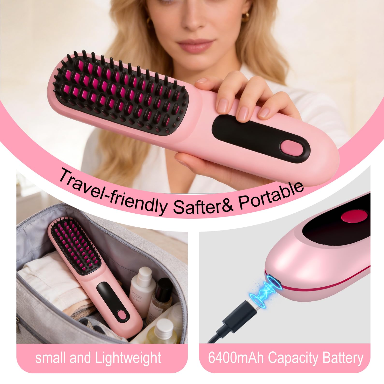 Go Brush Pro 2026, Portable Straightener Brushs for Travel, with LCD Temperature Display, Fast Heating Cordless Mini Hair Brushs (Pink) — view 5