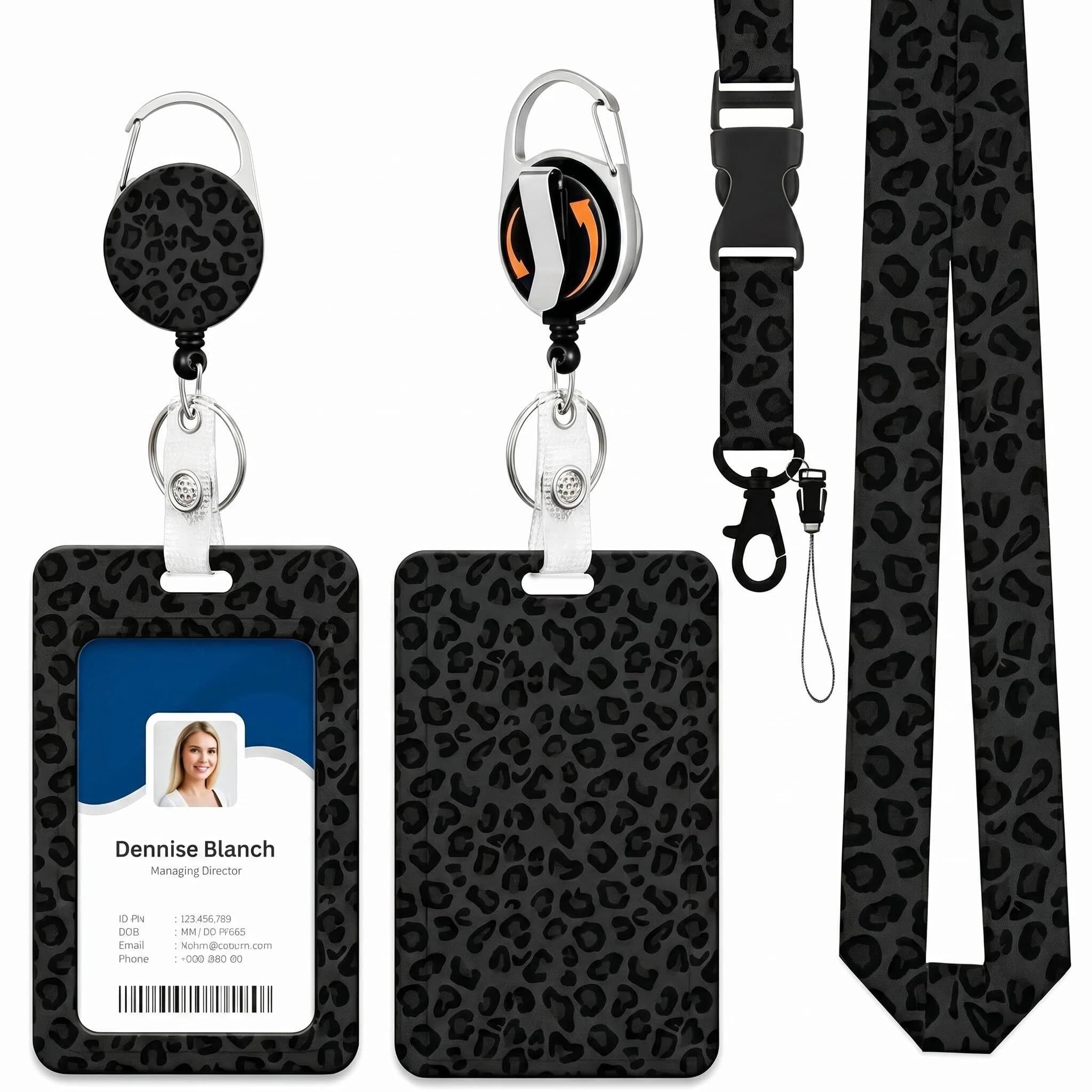 MIGIFTDY 3-in-1 Sliding Badge Holder with Retractable Lanyard & Carabiner, Leopard Print ID Card Holder for NHS Staff, Office Women, Students