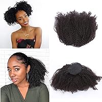 Vista 2 de Extensiones de cabello humano Yaki Afro Kinky rizado cola de caballo con cordón, cabello humano de color negro natural con clip, cola de caballo