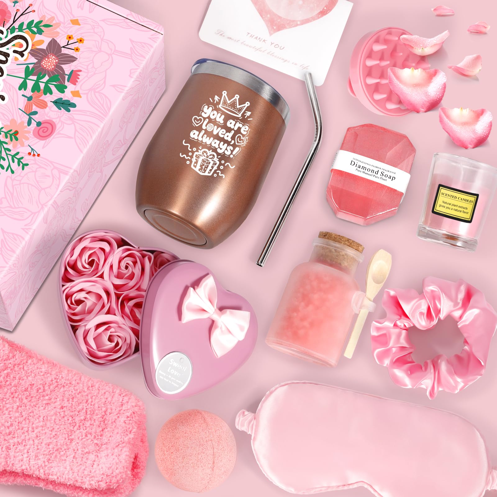 Purpledi Set Regalo Compleanno Donna, Box Regalo 11 Pezzi con Tazza Termica, Candela Profumata, Set Relax con Prodotti Bellezza e Cura Corpo, Regalo Personalizzato per Mamma, Fidanzata, Sorella