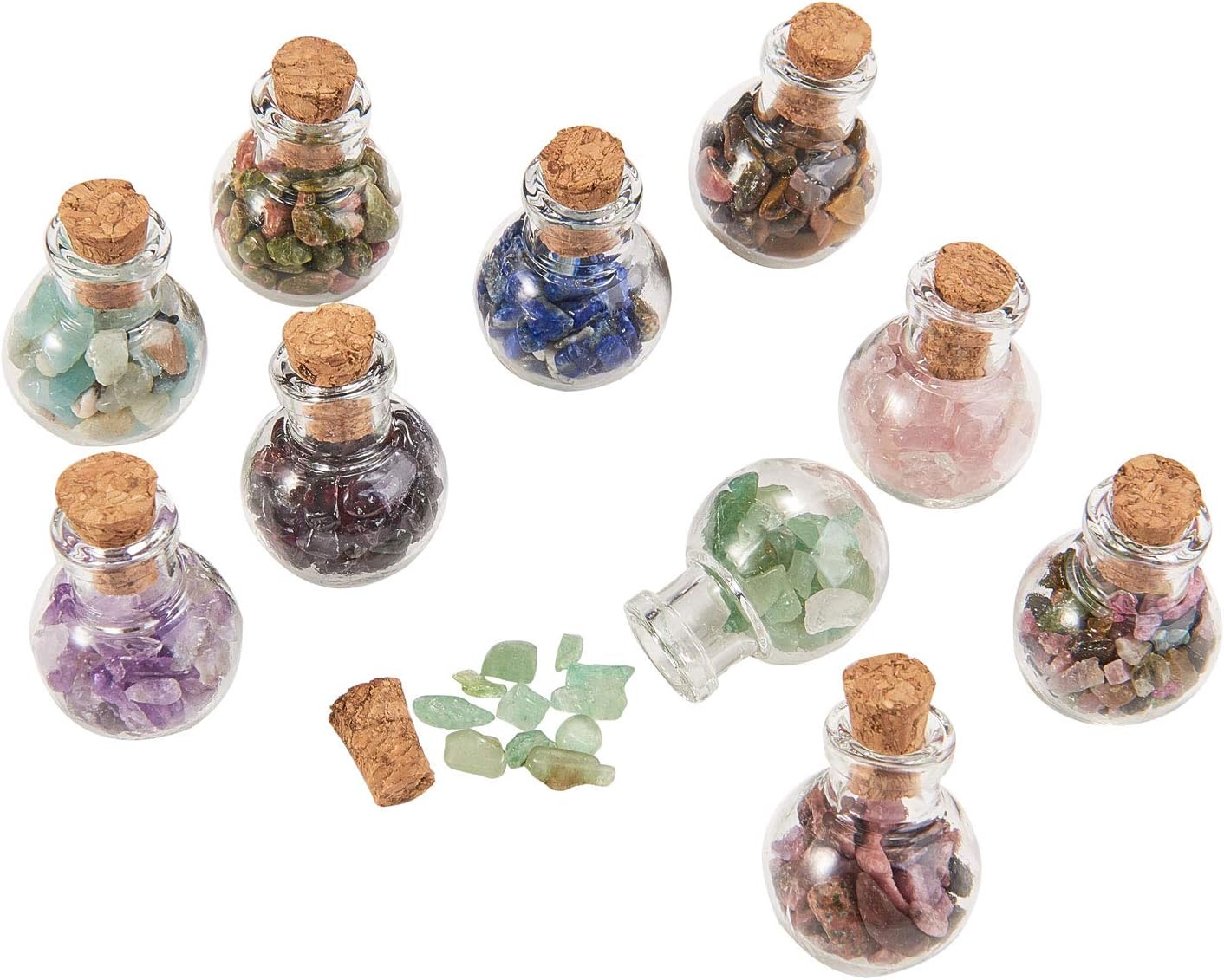 LiQunSweet 30 Pcs Tumbled Gemstone Crystal Chips Mini Glass Wishing Bottle Healing Reiki Stones with Cork Stopper Set for Jewelry Necklace Making DIY Craftings Home Room Decoration - 28mm