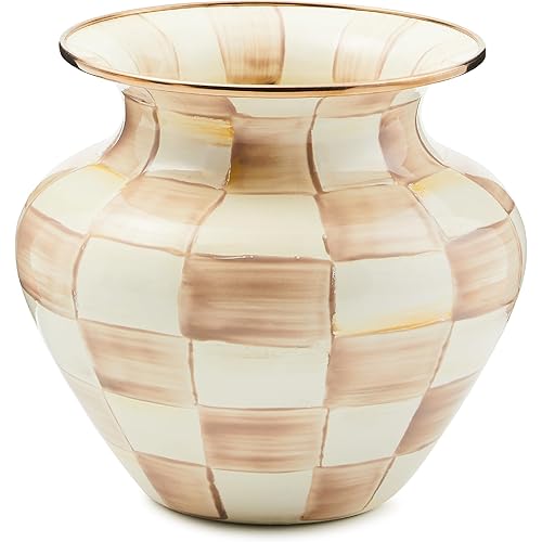 MACKENZIE-CHILDS Enamel Large Vase, Unique Flower-Vase Decor, Brown-and-White Mocha Check