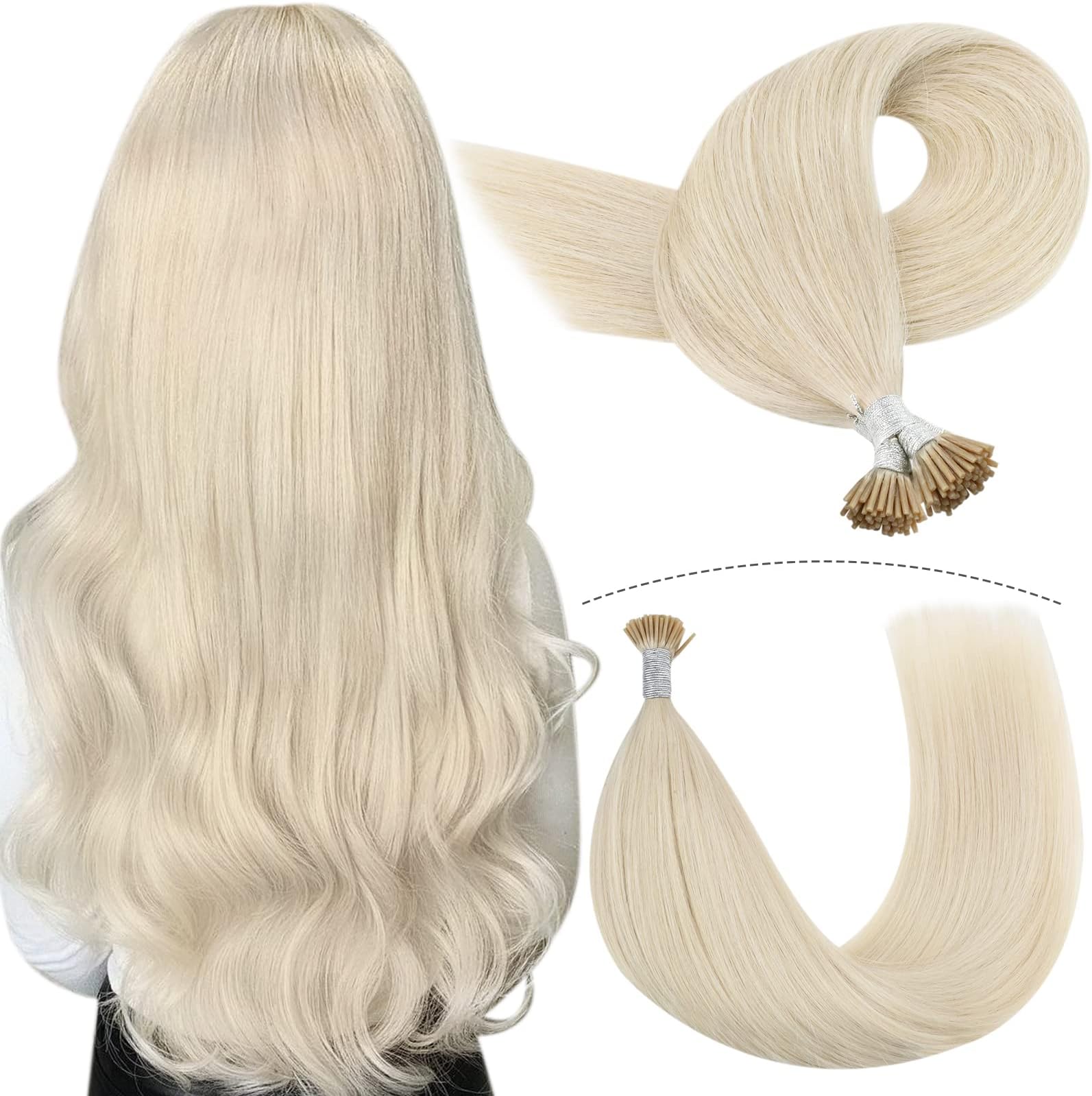 YoungSee18Inch 100% Real Hair Extensions I Tip Remy Human Hair #60 White Blonde Fusion Keratin I-Tip Extensions Human Hair 50Strands 50g/pack