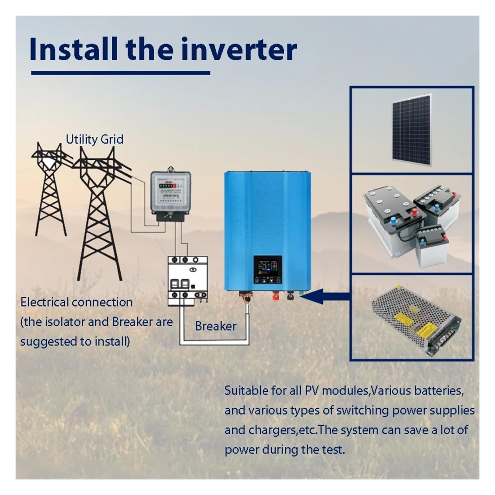 Convertidor inversor Corriente Inversor Solar Conexión Red 1KW 1200W Descarga Batería 24V CC 26-45V/48V 55-90V Entrada Paneles PV CA 110V Limitador LCD