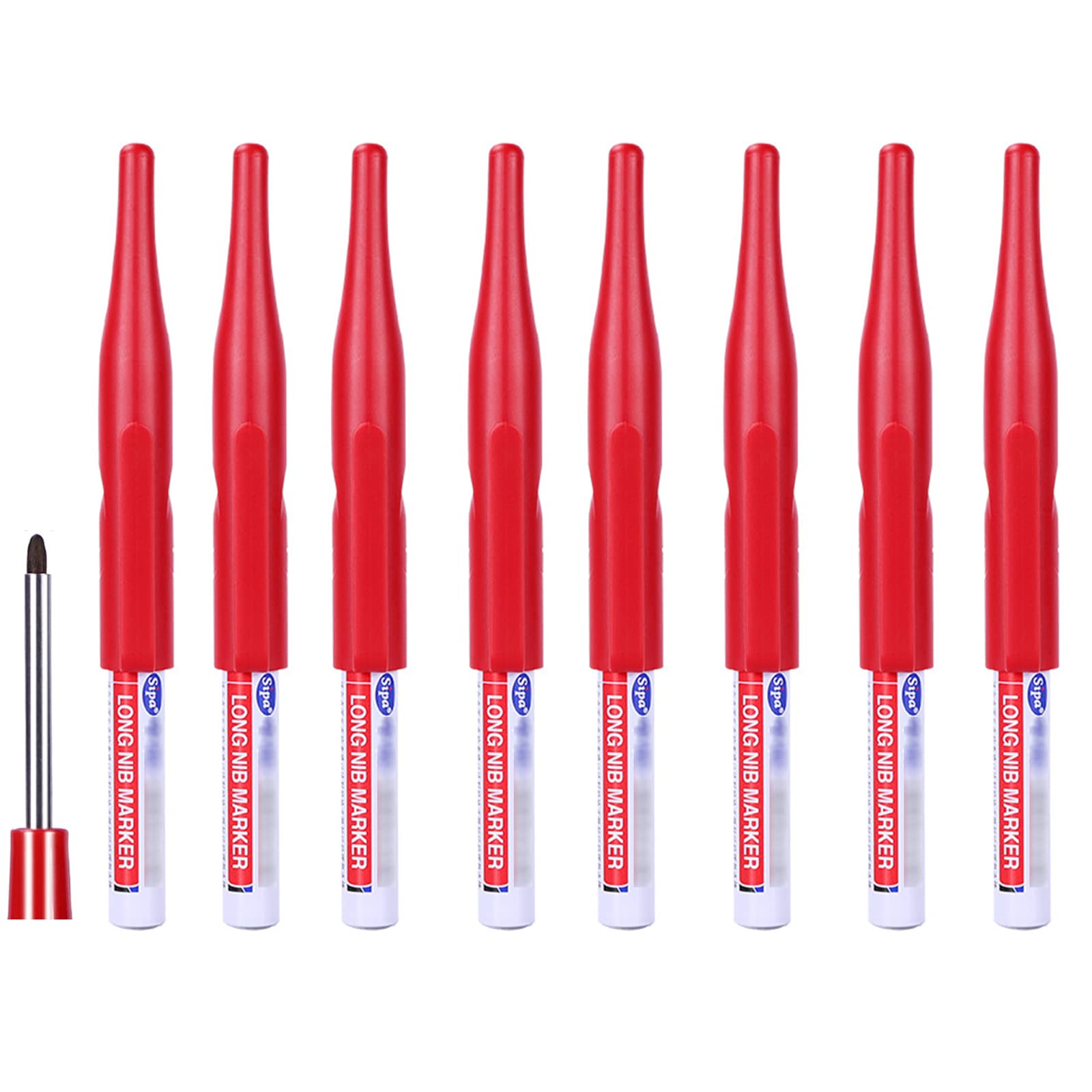TopHomer Tiefloch-Marker, Zimmermannsstift, 30 mm, extra lange Spitze, wasserfester Permanent-Marker zum Markieren von schwer zugänglichen Bereichen, 8 Stück, rot