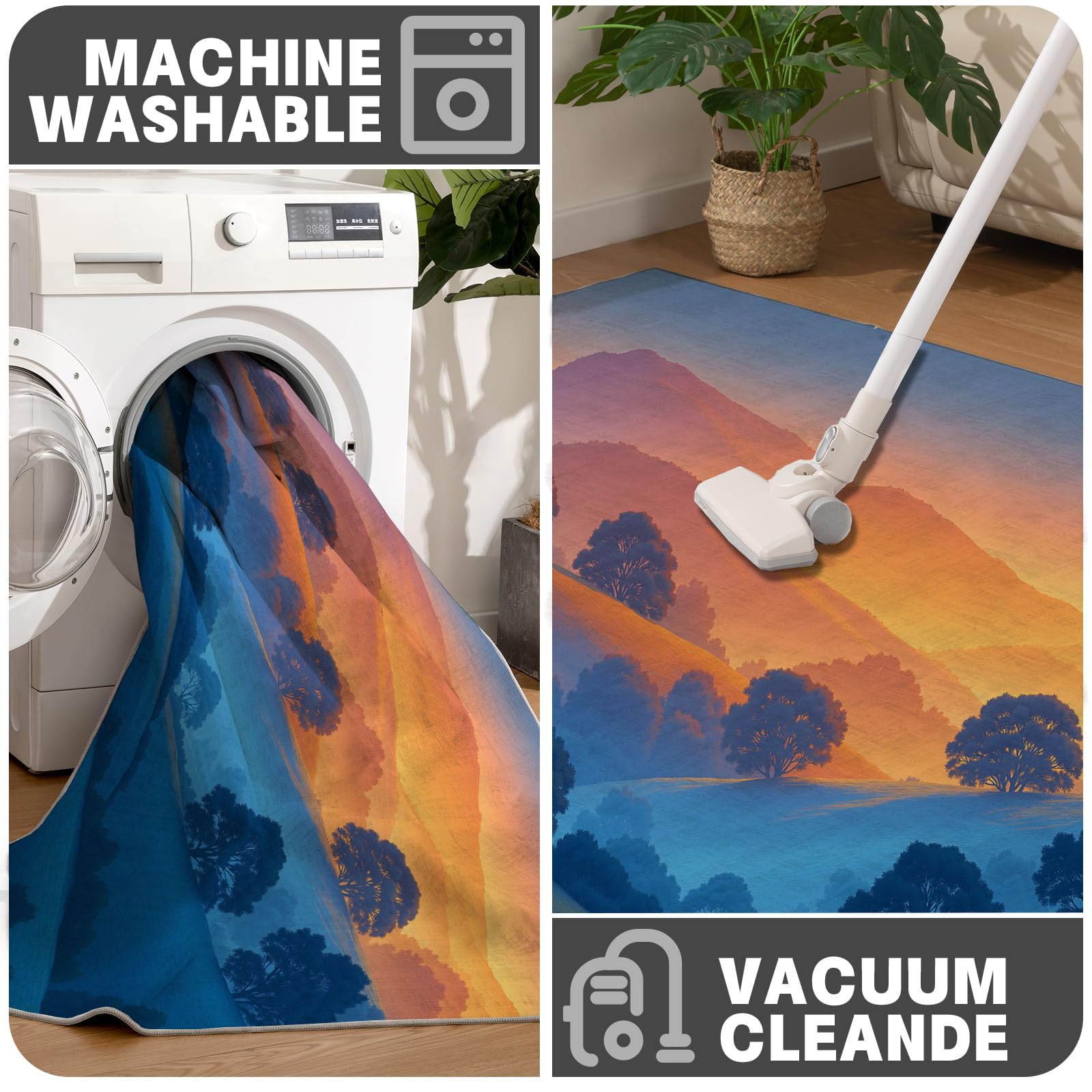 Runder Teppich Pastellfarben 100cm Kurzflor Teppich, Waschbar Rund Weich Rutschfest Teppiche, Minimalistische Landschaft Sonnenaufgangshügel Bäume für Wohnzimmer Küche Schlafzimmer Kinderzimmer