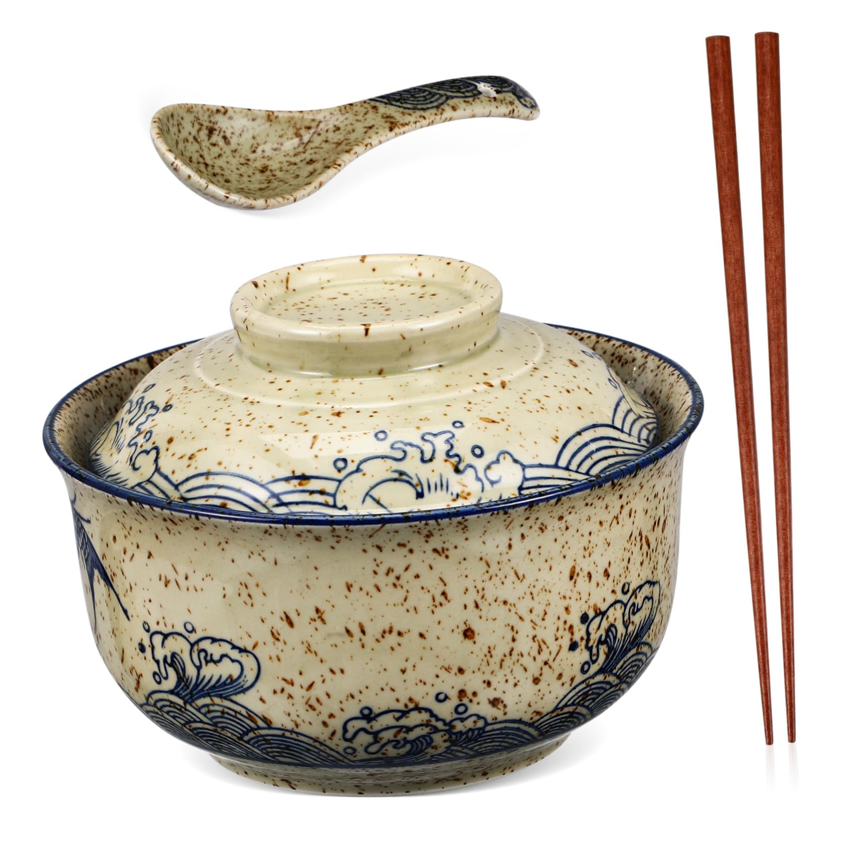 DOITOOL Ramen-schüssel-set aus Keramik mit Deckel Essstäbchen und Löffel für Suppen und Nudelgerichte Großes Fassungsvermögen und Wärmehaltung