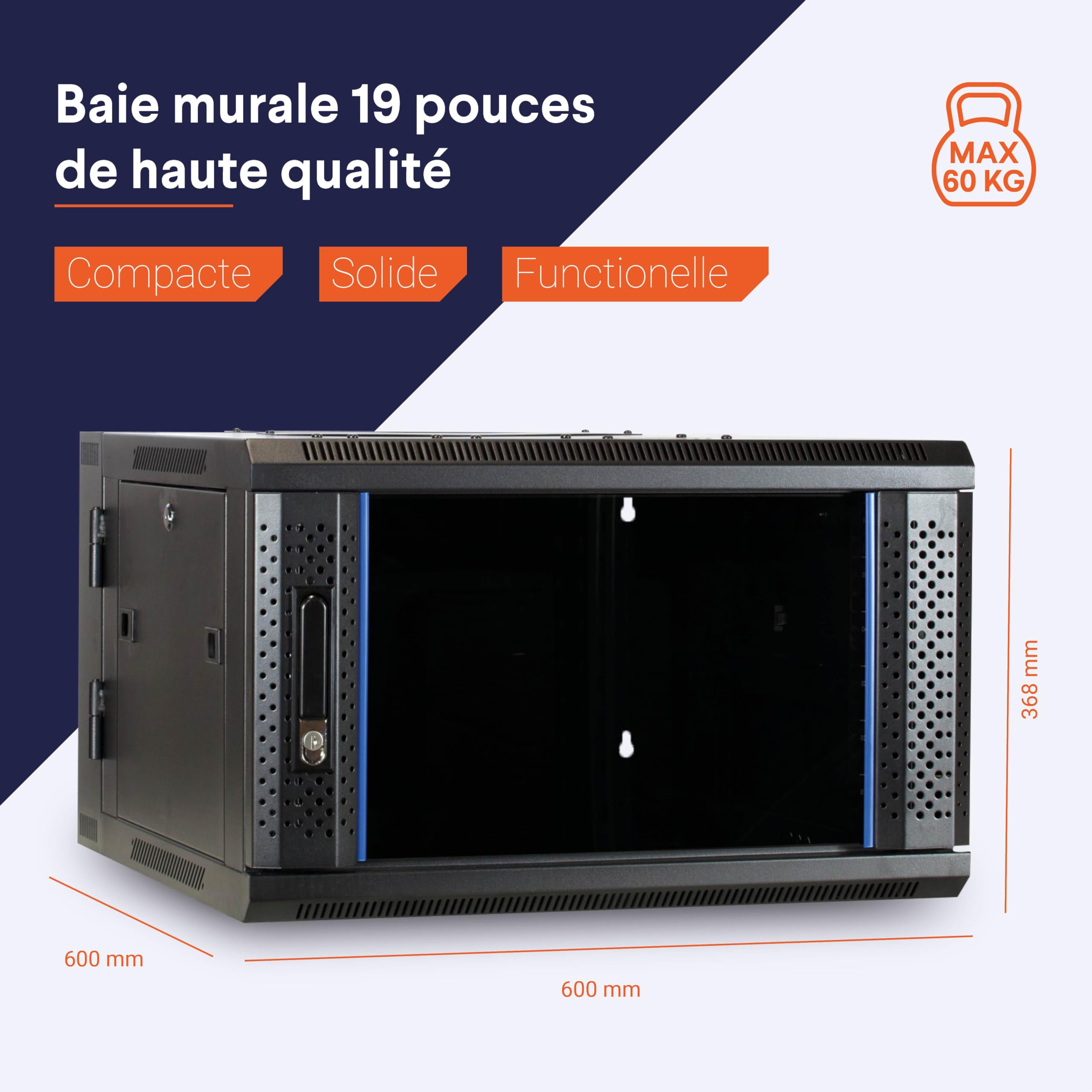 Baie Murale 6U (inclinable) avec Porte en Verre 600x600x368mm - Noir