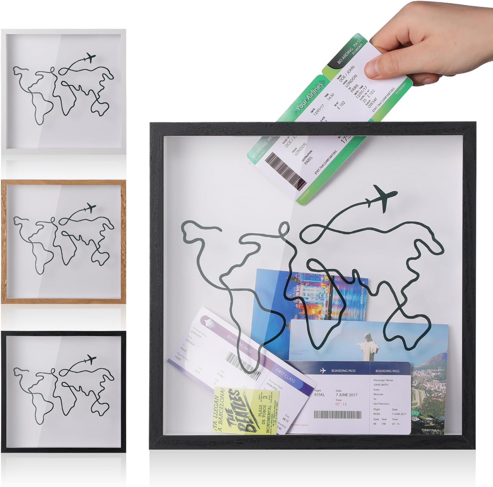 Adventure Archive Box, Travel Shadow Box, Ticket Shadow Box with Slot, 8Inch Memory Boxes for Keepsakes, Ticket Holder with World Map and Plane Design, Theatre Gifts (White, 12x12in)
