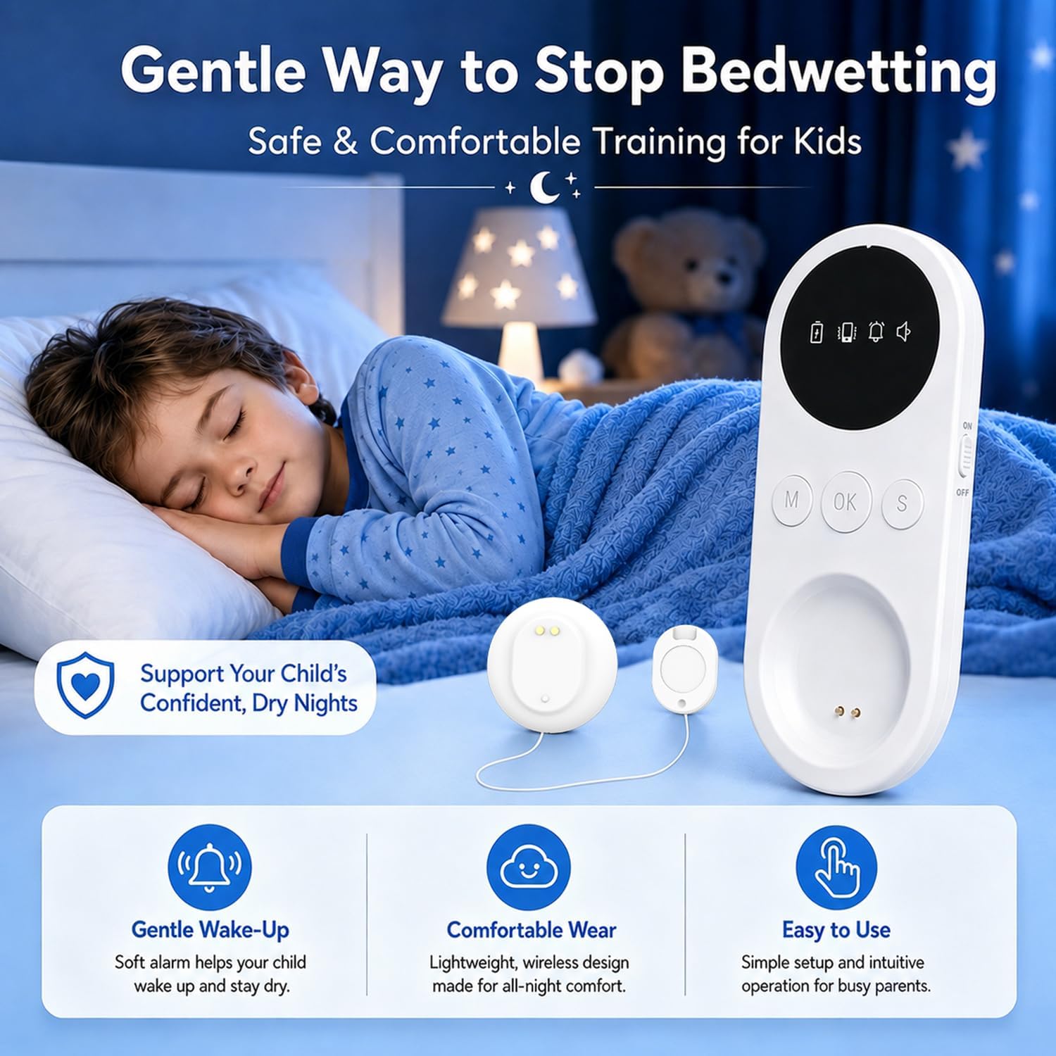 Wireless Bedwetting Alarm, Magnetic Wearable Receiver for Boys and Girls, Rechargeable Pee Reminder with Sensitive Sensor, 7 Ringtones, 3 Alert Modes & Adjustable Volume