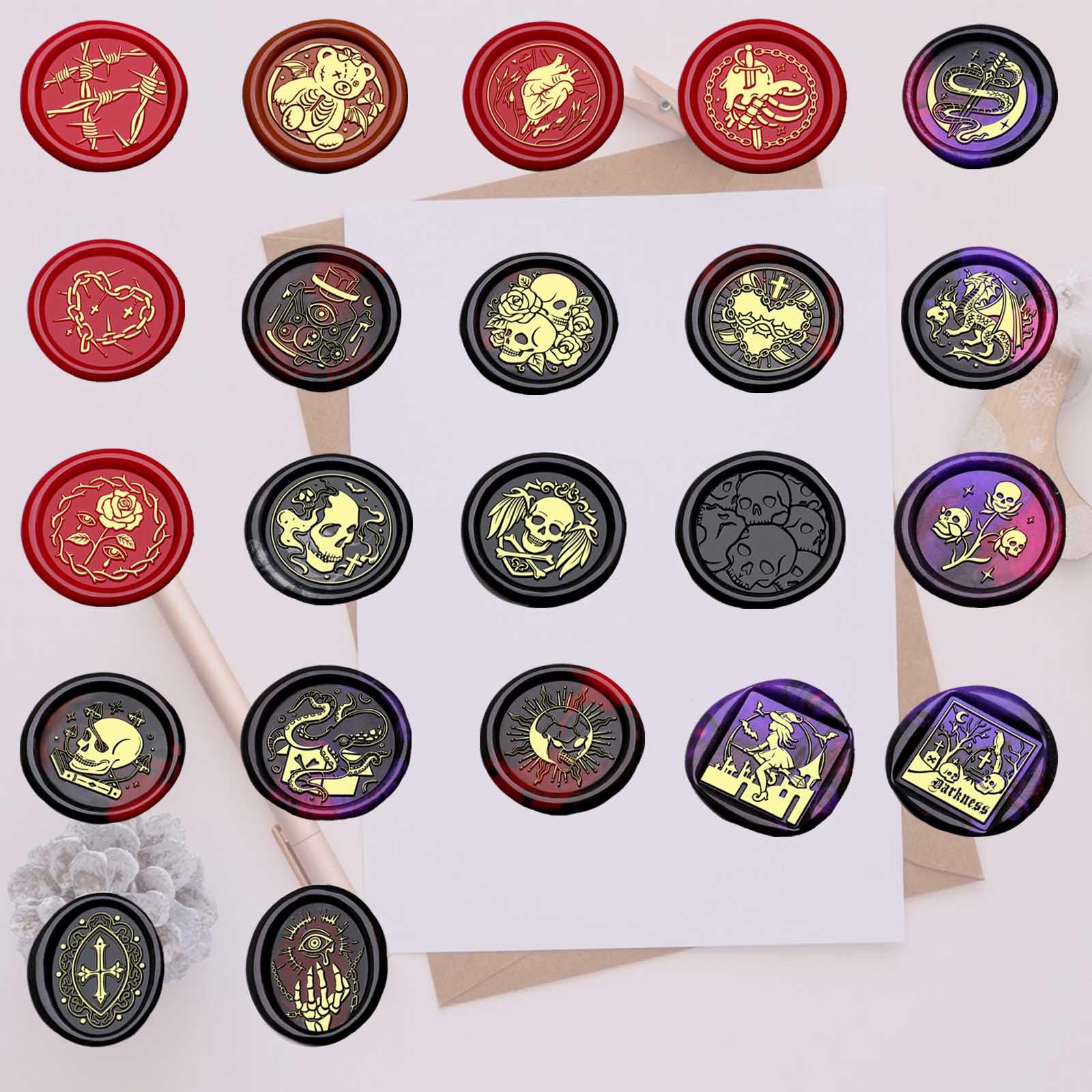 Dark Series Zestaw stempli woskowych w stylu vintage, z 2 uchwytami, do pieczętowania kopert, Halloween (czaszki, nietoperze, czarownice, smoki, róże)