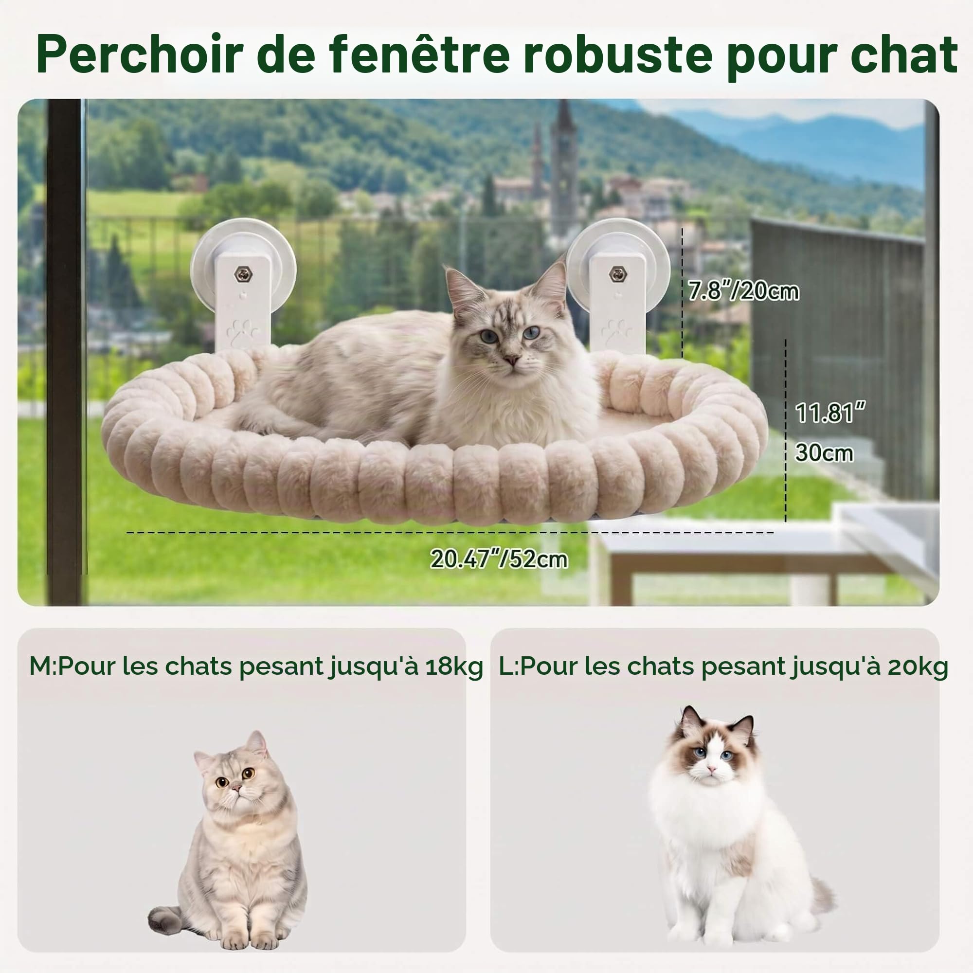 Hamac de fenêtre pour chat, lit de fenêtre en peluche pour chat avec 4 ventouses puissantes, perchoir pliable pour chats d'intérieur, cadre en acier robuste supporte 18kg, lavable, M(52x30cm