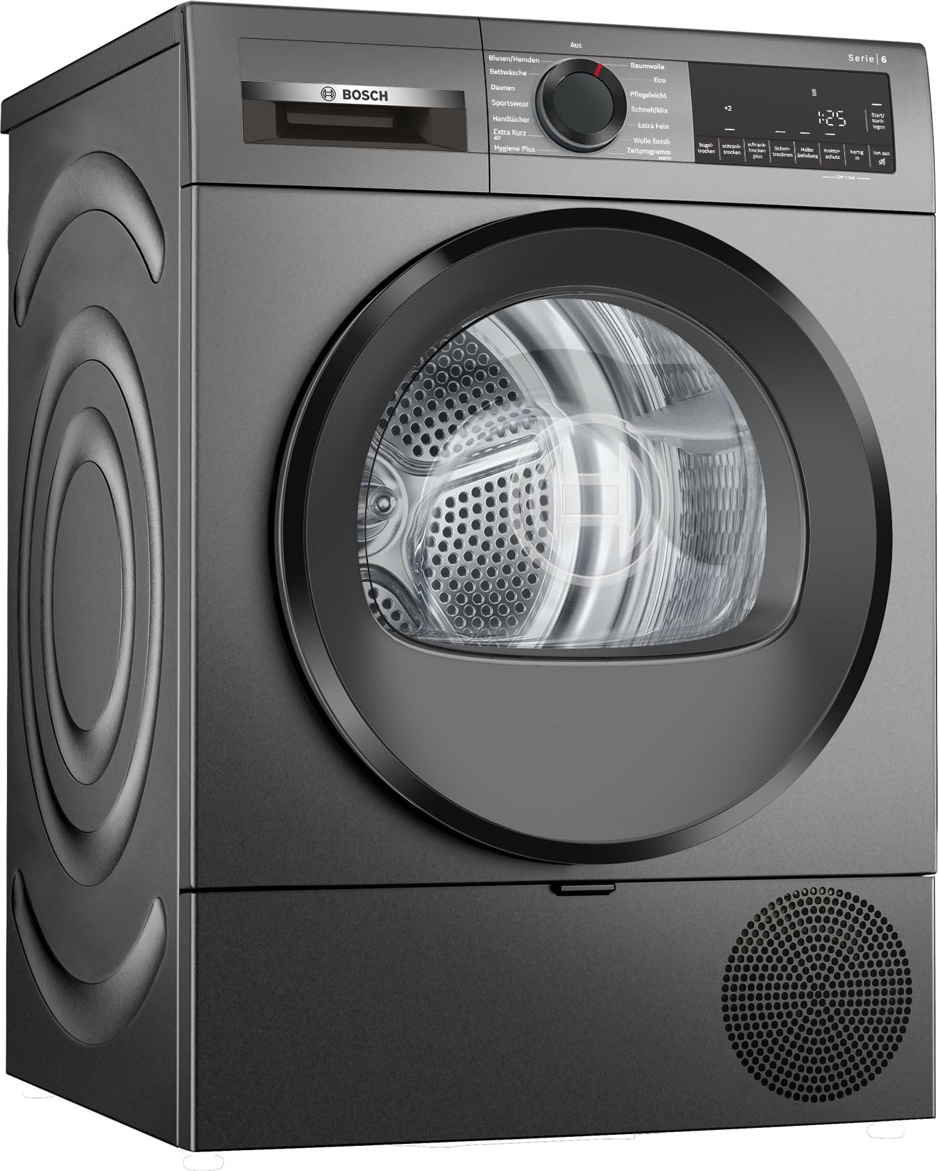 Bosch WQG243DR10 Serie 6, Wärmepumpentrockner 9 kg, Extra Kurz Trockenprogramm, Halbe Beladung Option, Auto Dry, Easy Clean Filter, Sensitive-Drying-System, Trommelreversierung, Innenbeleuchtung, Grau