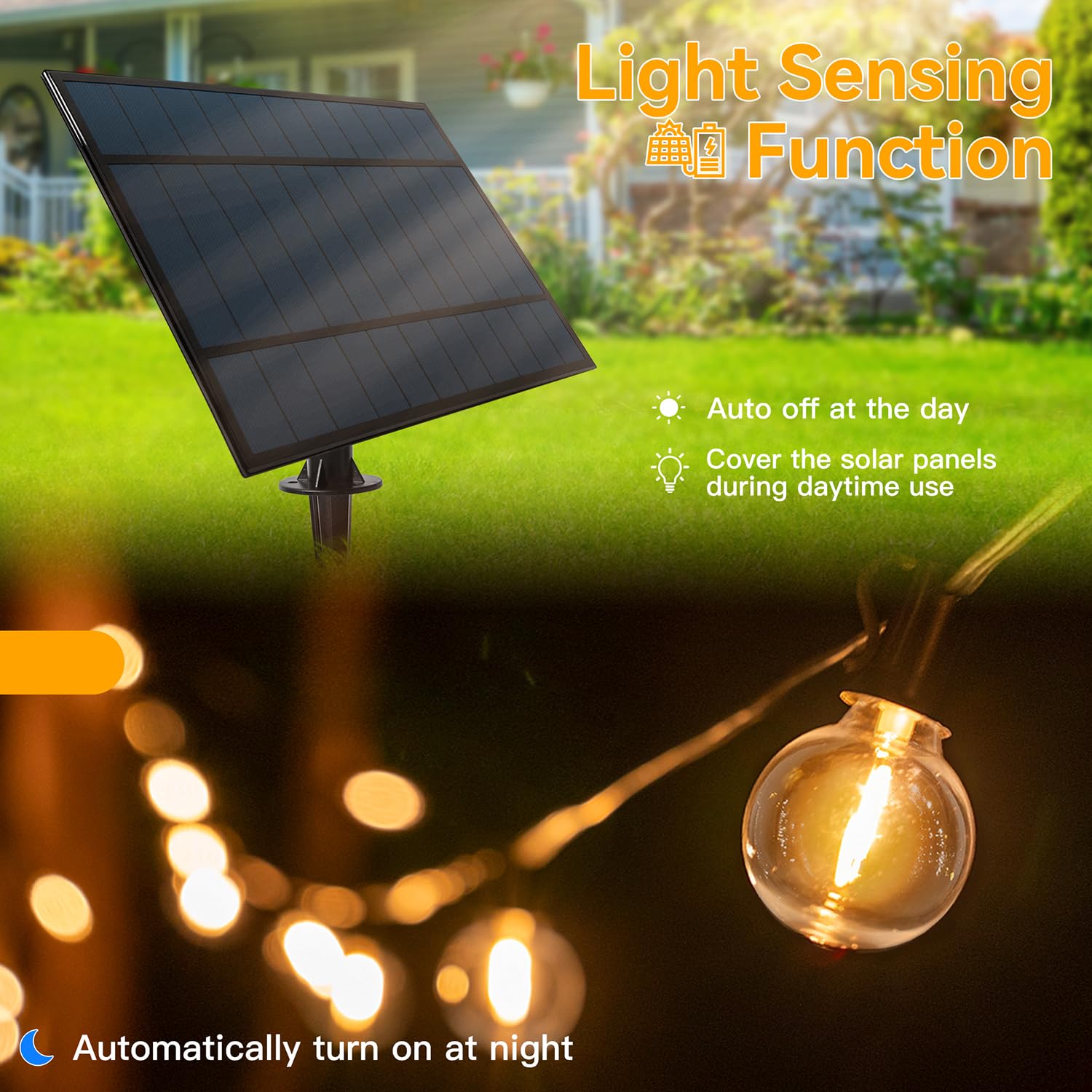 30 m Solarleuchten für den Außenbereich, wasserdichte Soffittenleuchten mit 40 + 2 bruchsicheren G40 Glühbirnen, 3 Modi, dimmbar, USB & solarbetriebene Lichterkette für den Außenbereich