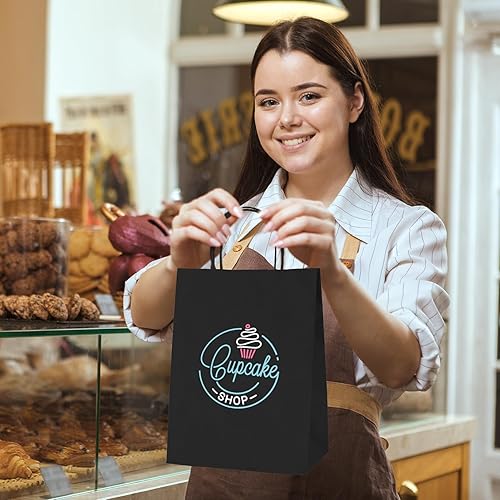 Miniatura 8 de MESHA Bolsas de papel de regalo de 8 x 4.75 x 10.5 pulgadas, bolsas de papel negro con asas a granel, 50 bolsas de papel kraft para pequeñas