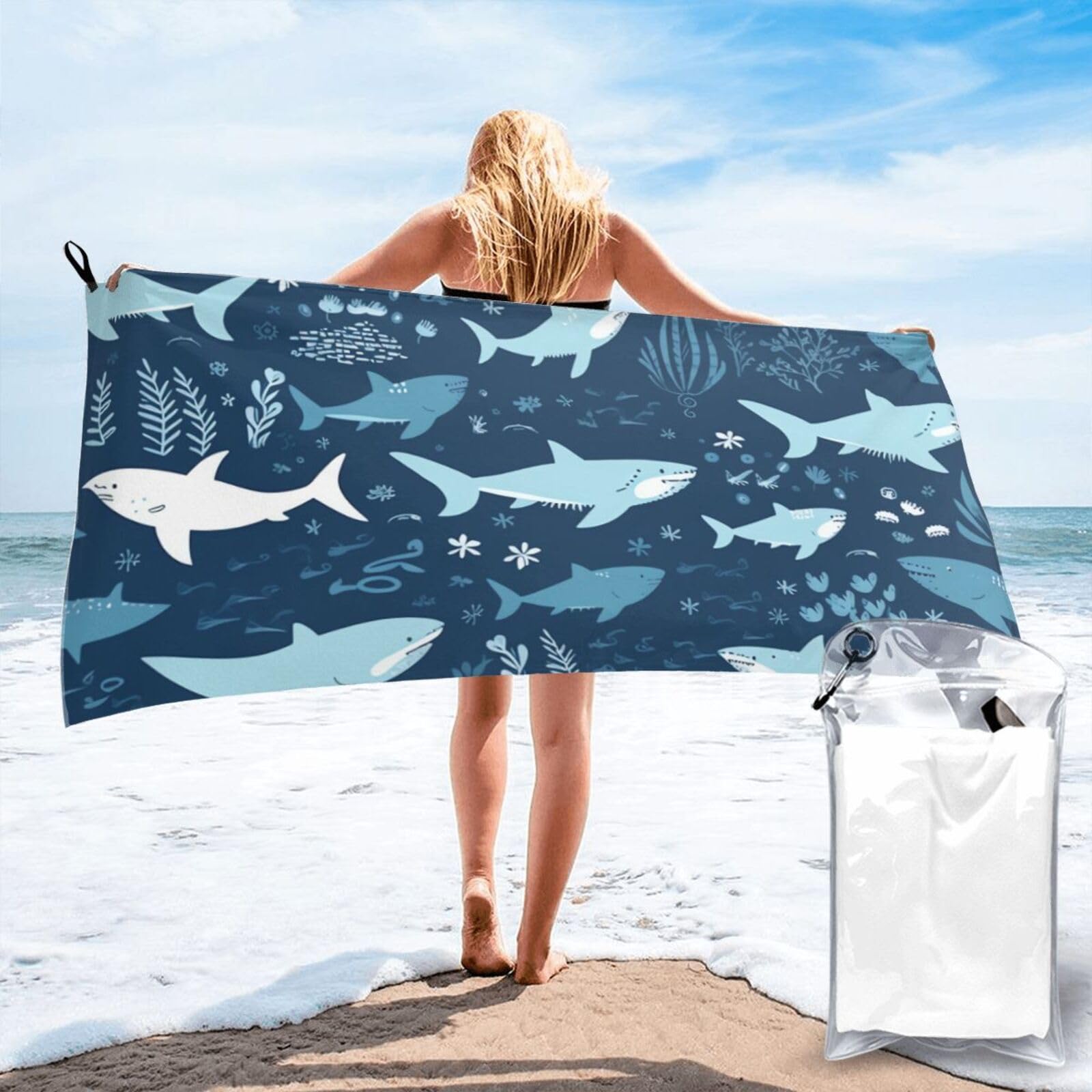 DWVTSLH Microfiber Sand Free Beach Towel 31.5"x63", Quick Dry Absorbent Travel Towel Large Camping Blanket, Sharks Bath Towels Lightweight Pool Swim Towels for Vacation Essentials