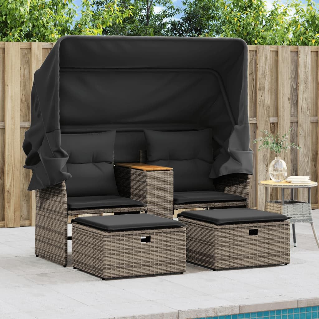 Divano da Giardino 2 Posti in Rattan con Tettuccio e 2 Poggiapiedi | Set modulare da esterno per terrazzo e giardino con tavolino integrato, cuscini sfoderabili e pouf salvaspazio.