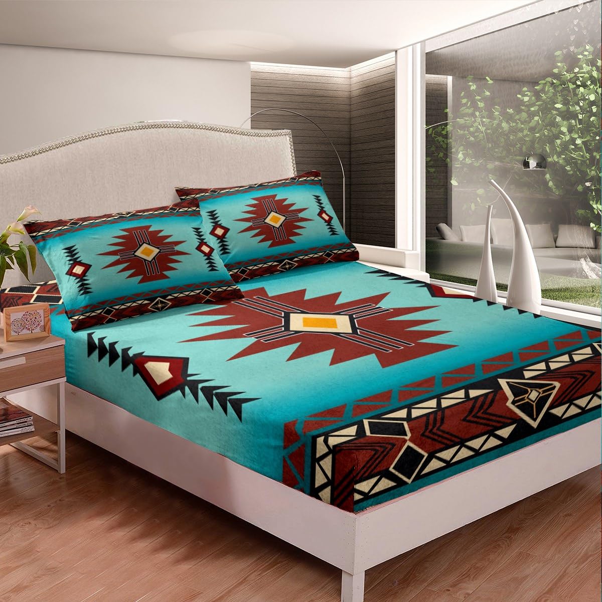 Southwest Fitted Sheet Queen Size,Geometric Aztec Tribal Striped Print Bed Sheet Rustic Western Bedding Set for Kids Girls Woman Men Room Decor,Adult