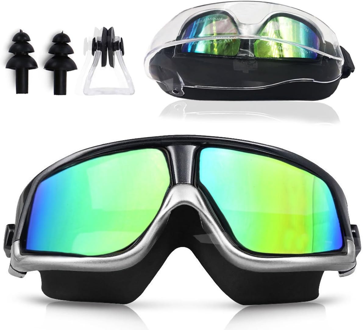 Swim Goggles, Large Frame Swimming Goggles with Anti-Fog, UV Protection, Free Protection Case, Adjustable Strap for Adult Men Women Youth Kid