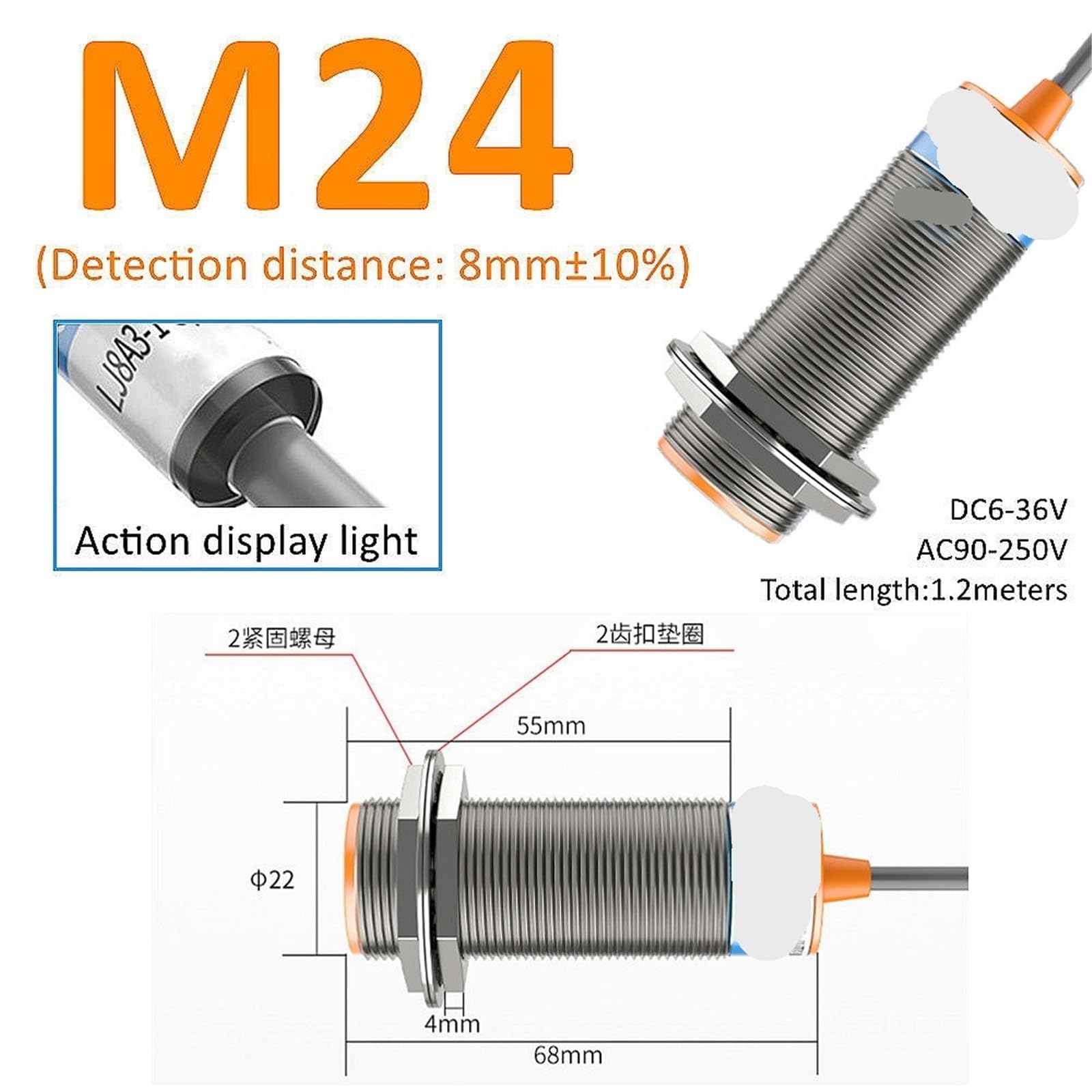 1 sztuka żółty czujnik przyłożenia indukcyjny czujnik zbliżeniowy M8 M12 M18 30 4 mm DC 12 V AC 110 NO NC NPN PNP wykrywanie (M24(Shielded), DC Type 2Wire NC, 1 szt