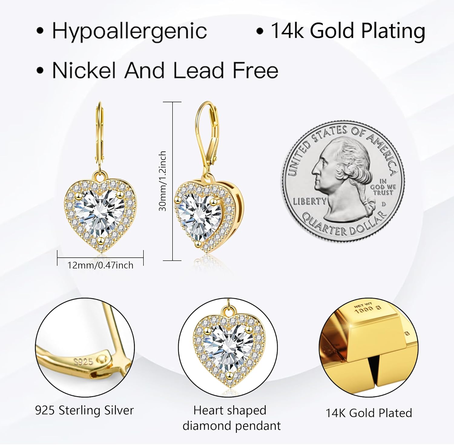 925 Sterling Silver 14K Gold Plated Heart Dangle Earrings, ALEXCRAFT Dangling Drop Earring for Trendy Women Leverback Earings Cubic Zirconia Hypoallergenic - Image 3