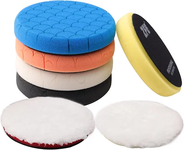 ZFE Buffing Polishing Pads, 7Pc 6.5 Inch Face for 6Inch 150mm Backing Plate Compound Buffing Sponge Pads Cutting Polishing Pad Kit for Car Buffer Polisher Compounding, Polishing and Waxing -PPTYS6SET