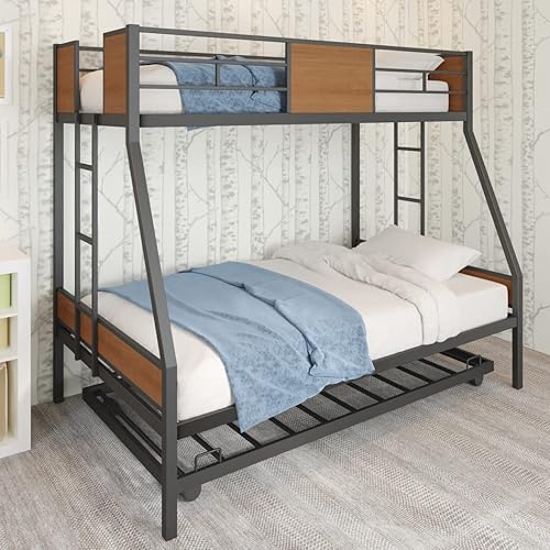 Akiyito Twin Over Full Bunk with Trundle Bed Frame Metal with Safety Rail 2 Side Ladders for Boys Girls Adults No Box Spring NeededBlack