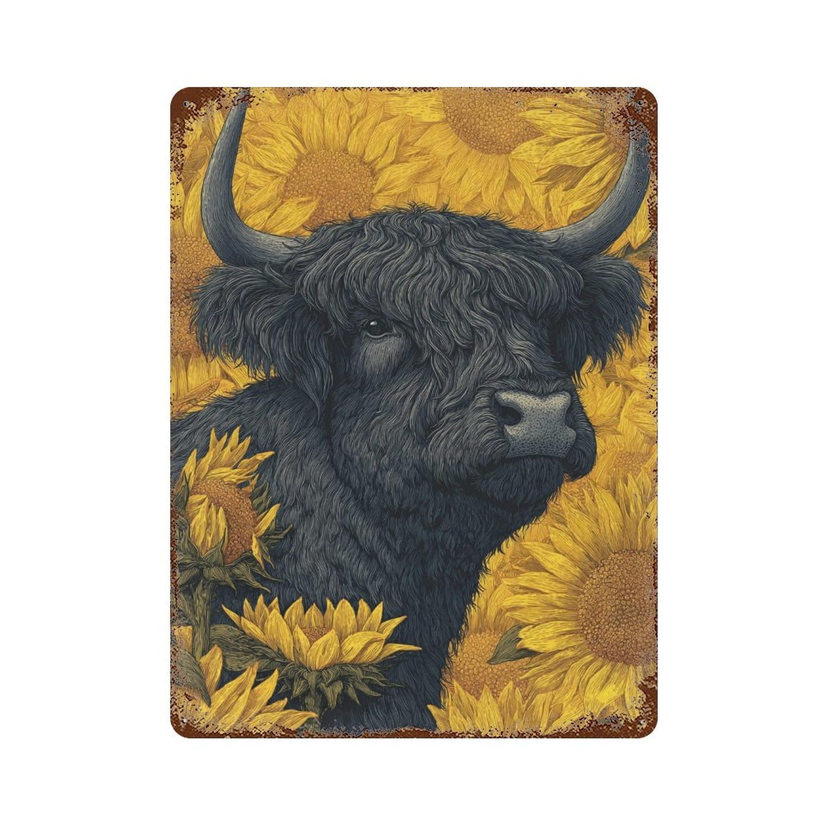 Sunflower Fields with Bulls Rusty Metal Tin Sign 15.7"x11.8", for Pub, Kitchen And Man Cave Decor, Farmhouse Wall Decor