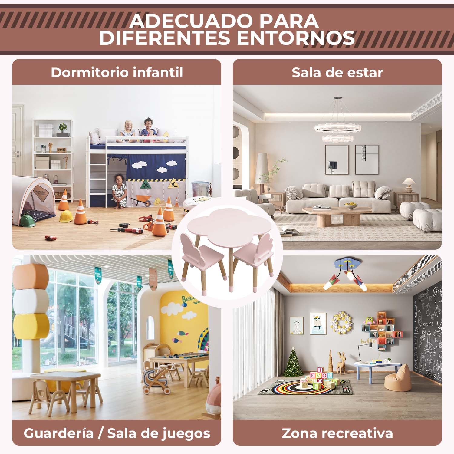 Rebecca Mobili Set de Mesa y 2 Sillas para Niños, para la Decoración de la Habitación de los Niños, Rosa Marrón, MDF Pino - Dimensiones: 44 x 60 x 60 cm / 50 x 25 x 25 cm - Art. RE6899