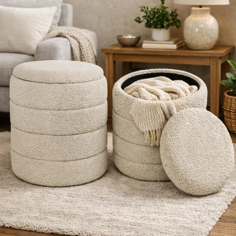 BAKAJI Set 2 Pouf Contenitori Teddy con Rivestimento Bounclè, Poggiapiedi Tondo con Seduta Imbottita ad Alta Densità Ergonomica, Coperchio Removibile e Vano Portaoggetti Capiente (Beige)