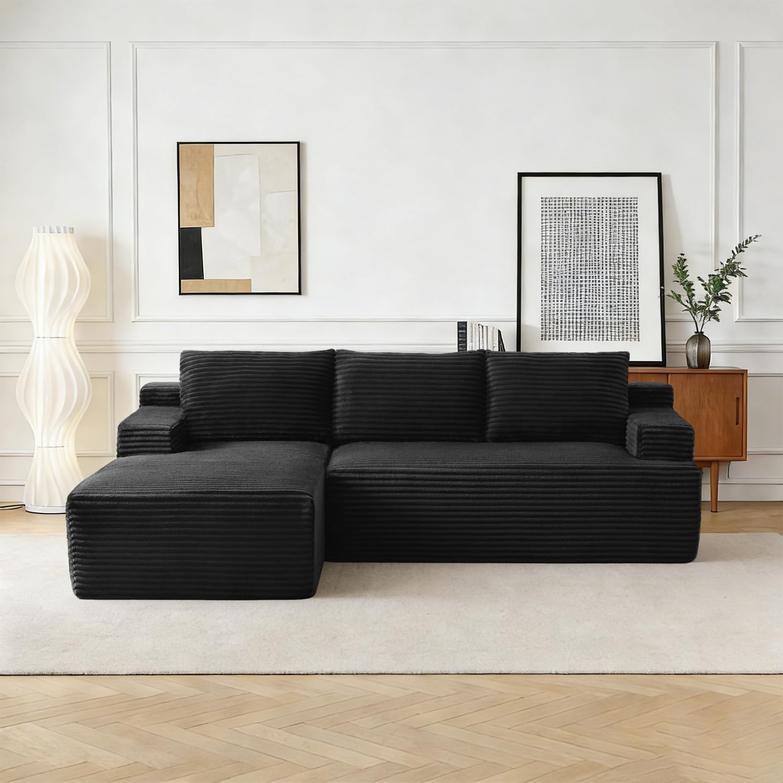 Cloud Sectional Couch w/Deep Seat, Modern Modular Sectional Sofa Corduroy Couches w/L-Shape Chaise for Living Room Bedroom,No Assembly Required (Black