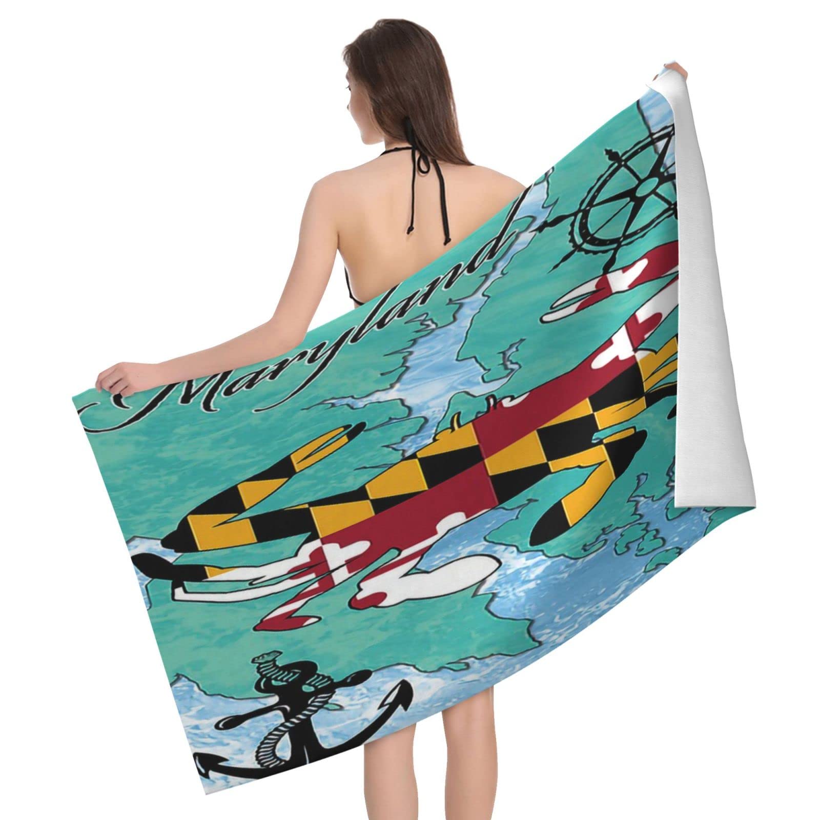 Lawenp Maryland State Map Flag Beach Towel, Lightweight Sand Free Quick Dry Microfiber Absorbent Bath Towel for Kids, Adults, Swimming, Bath, Yoga, Pool, Travel, Camping 32"X52"