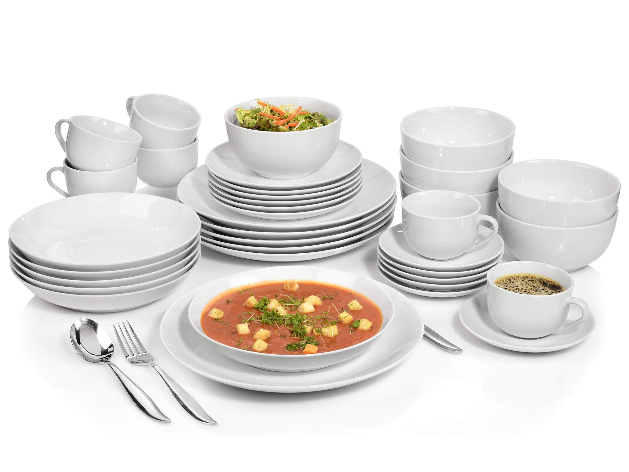 Sänger dinnerware Set New Port Porcelain 36 Pieces, Dinner Service Set Includes Dinner Plates, Soup Plates, Dessert Plates, Cups with Saucers and Bowls, Dish Service for 6 People