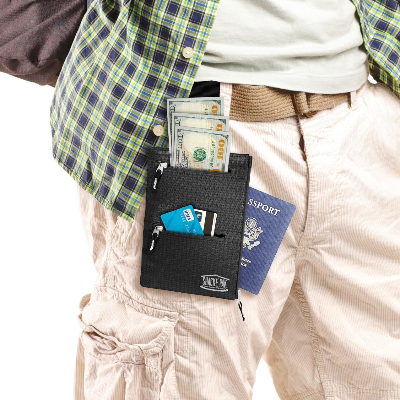 Shacke Versteckte Reise-2-in-1-Gürteltasche, schwarz, Hybrid-Geldbörse mit RFID-Blocker – Brustbeutel, Reisepasshülle