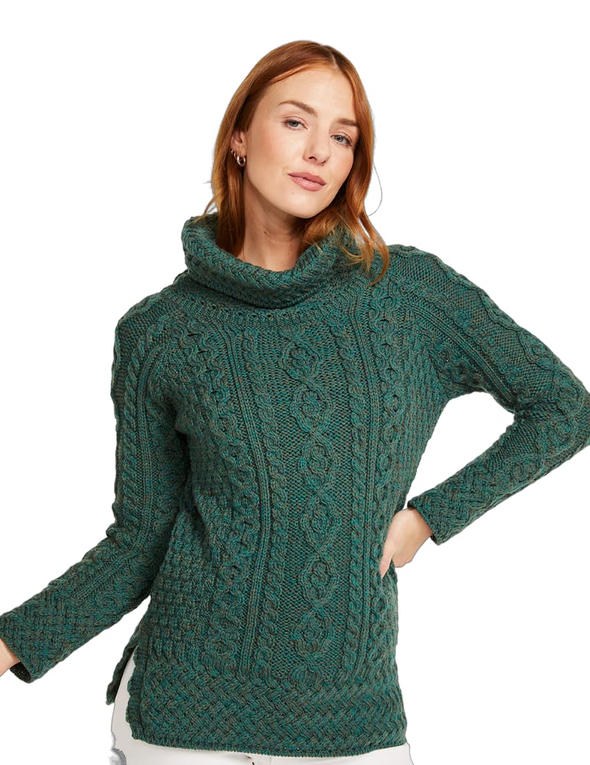 Carraig Donn - Ladies - 100% Soft Merino Wool - Cable Knit Sweeter Vented Roll Neck Irish Jumper