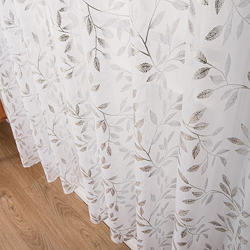 Miniatura 5 de Deeprove Cortinas transparentes de 63 pulgadas de longitud, 2 paneles, con estampado de hojas de enredadera metálicas brillantes para tratamientos