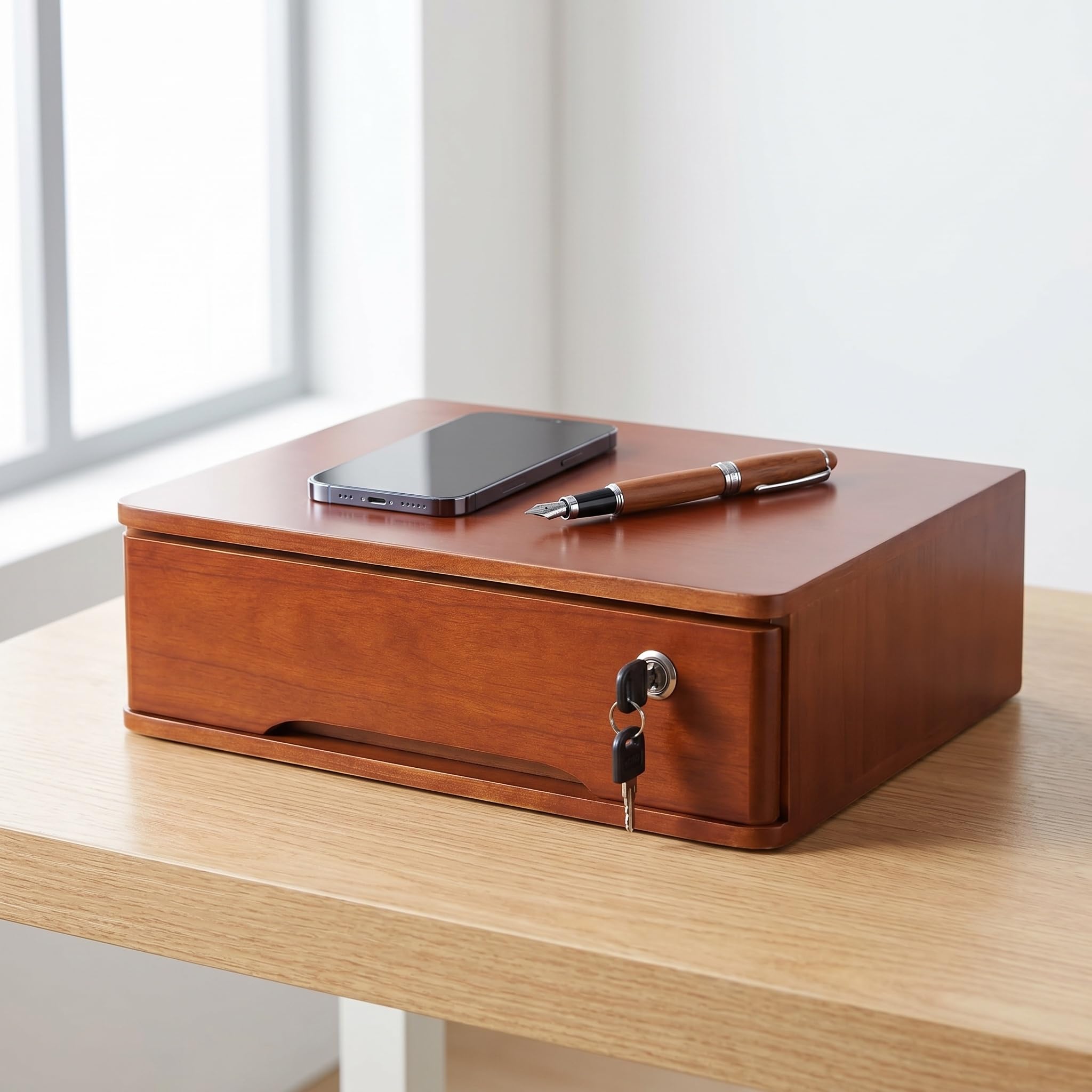 Stilvoller Schreibtisch-Organizer Aus Holz Mit Schublade Und Schloss, Hochwertiger Aktenschrank Für Zuhause Und Büro, Ideal Zur Aufbewahrung Von Papieren, Schreibwaren Walnut & White