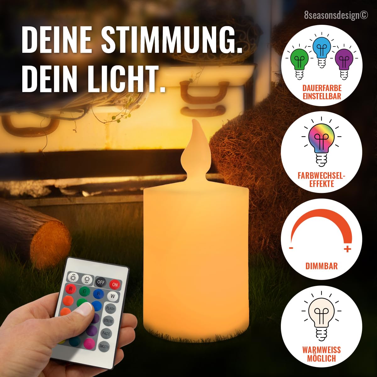8 seasons design Dekoleuchte Kerze Shining Candle 60 cm (Weiß), E27-Fassung, RGB LED Farbwechsel, dimmbar, mit Fernbedienung - wetterfest – für außen & innen (Weihnachtsbeleuchtung, Dekolicht)