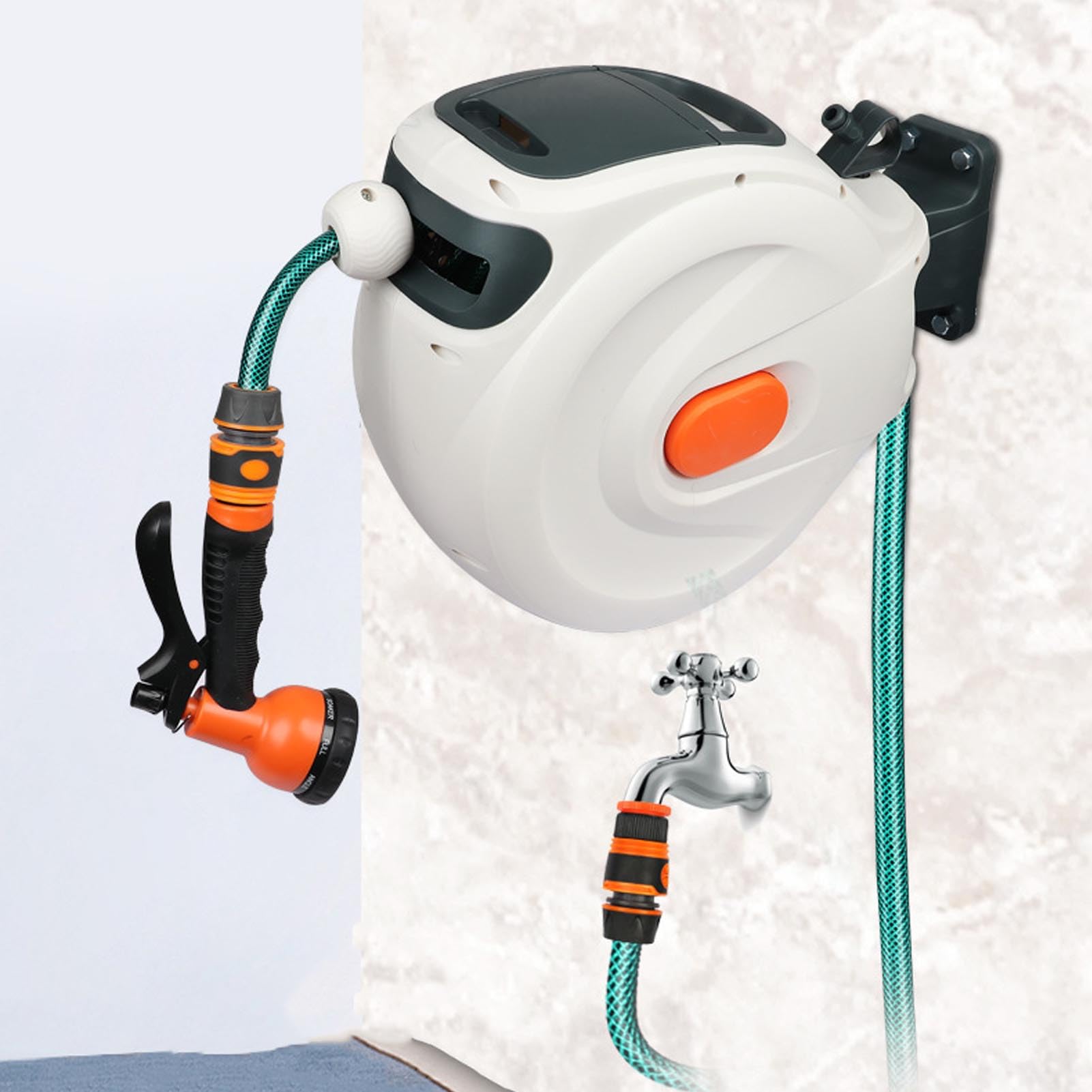 Yinhing Carrete Retráctil para Manguera de Jardín, 10m, ABS de Primera Calidad, Soporte de 180°, Longitud de Retracción Automática para Jardinería y Lavado de Coches