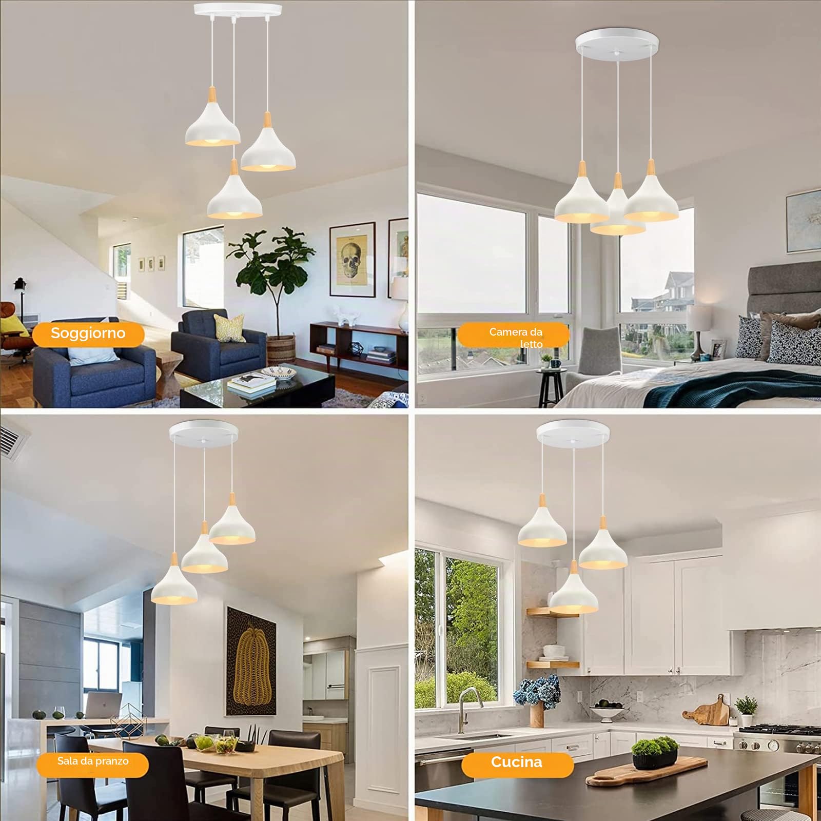 iDEGU 3 Luci Lampadario a Sospensione Retrò LED Lampada a Soffitto in Legna Metallo Moderna Lampada a Sospensione Stile Scandinavo Plafoniera per Soggiorno Camera Sala da Pranzo (Bianco, Rotondo)