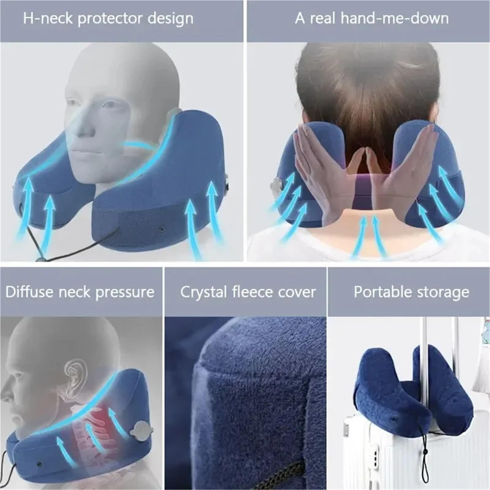 Almohada inflable con capucha para viaje en forma de U, para el cuello, para exteriores, coche, avión de larga distancia (azul)