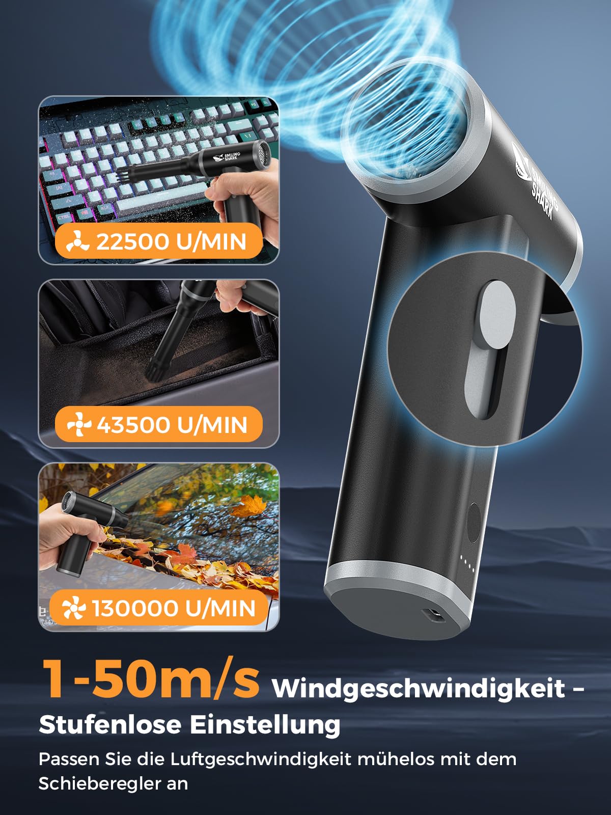 Smiling Shark Elektrische Staubgebläse Luftdruckspray, J01 aus Aluminum 130000 U/min Compressed Air Duster mit Stufenloser Regelung Turbo Handventilator für Kühlung/PC/BBQ/Auto/Camping, Schwarz